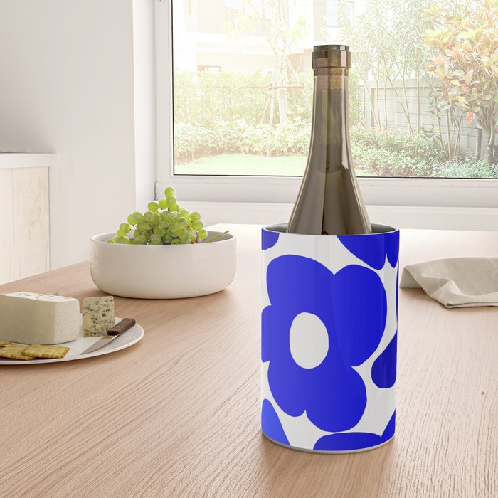 Large Blue Retro Flowers White Background Fresh Blue And White  #decor #society6 #buyart Wine Chiller Gallery Image 4