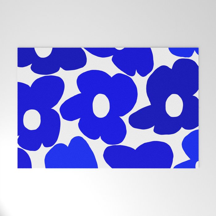 Large Blue Retro Flowers White Background Fresh Blue And White  #decor #society6 #buyart Welcome Mat Gallery Image 1