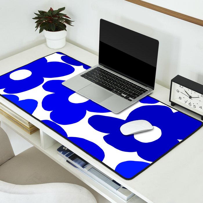 Large Blue Retro Flowers White Background Fresh Blue And White  #decor #society6 #buyart Desk Mat Gallery Image 2