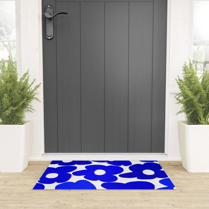 Large Blue Retro Flowers White Background Fresh Blue And White  #decor #society6 #buyart Welcome Mat Gallery Image 3