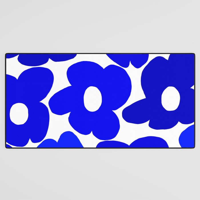 Large Blue Retro Flowers White Background Fresh Blue And White  #decor #society6 #buyart Desk Mat Gallery Image 3