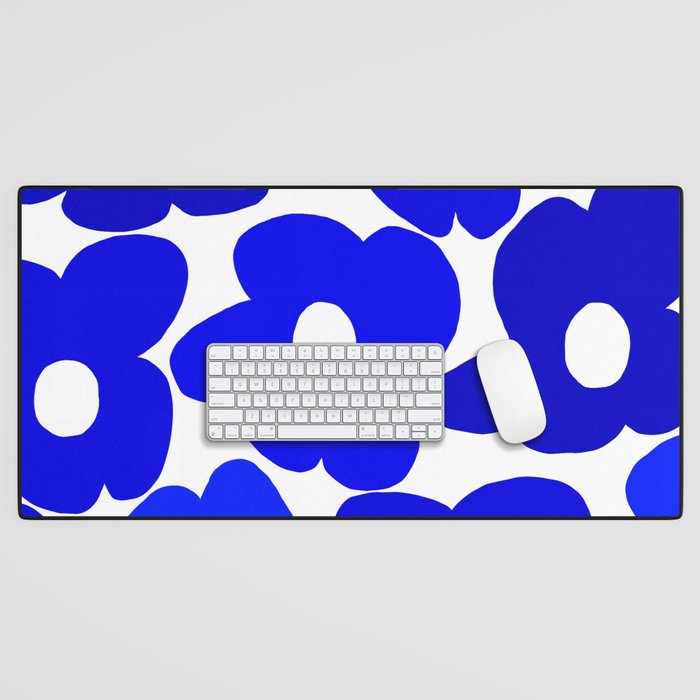 Large Blue Retro Flowers White Background Fresh Blue And White  #decor #society6 #buyart Desk Mat Gallery Image 1