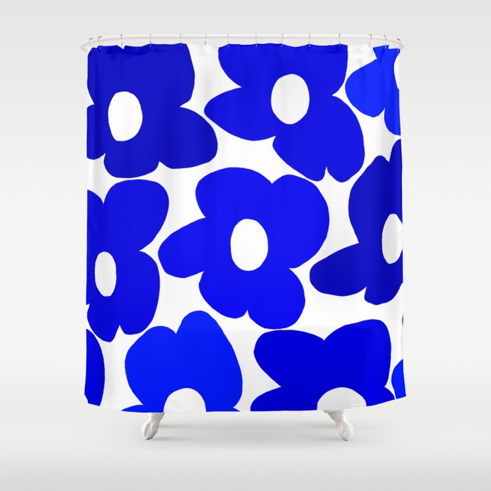 Large Blue Retro Flowers White Background Fresh Blue And White  #decor #society6 #buyart Shower Curtain Gallery Image 1