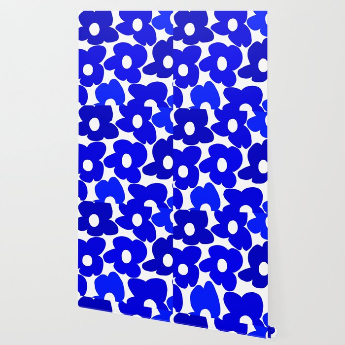Large Blue Retro Flowers White Background Fresh Blue And White  #decor #society6 #buyart Wallpaper Gallery Image 2