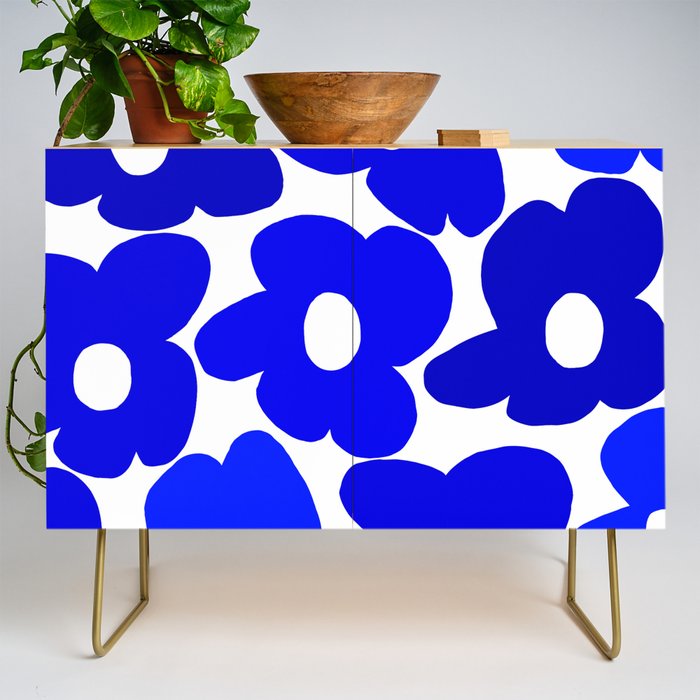 Large Blue Retro Flowers White Background Fresh Blue And White  #decor #society6 #buyart Credenza Gallery Image 1