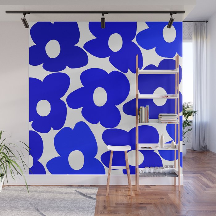 Large Blue Retro Flowers White Background Fresh Blue And White  #decor #society6 #buyart Wall Mural Gallery Image 1