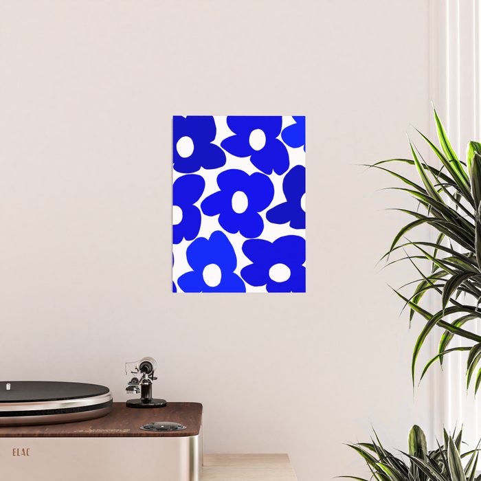 Large Blue Retro Flowers White Background Fresh Blue And White  #decor #society6 #buyart Poster Gallery Image 2