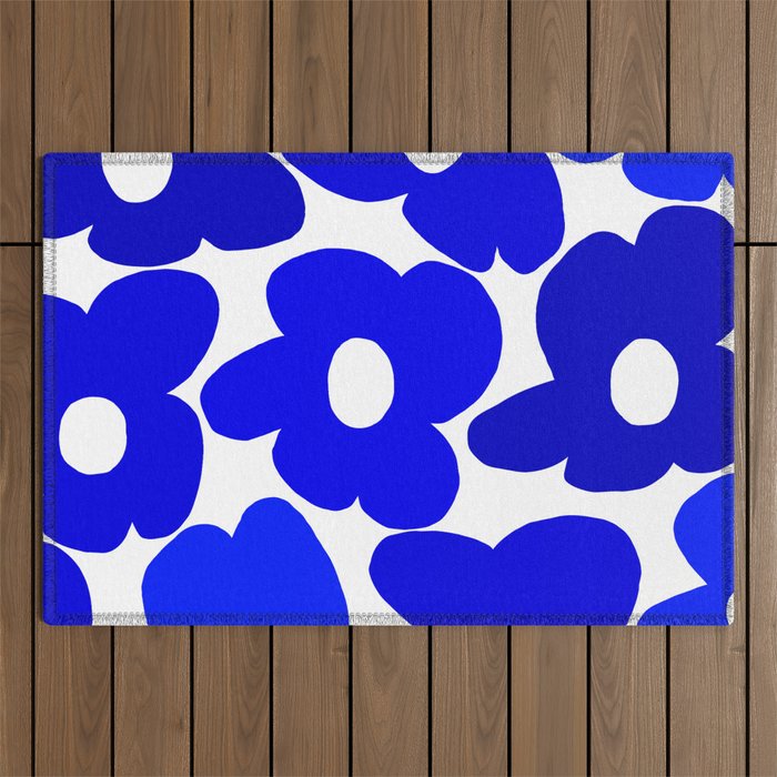 Large Blue Retro Flowers White Background Fresh Blue And White  #decor #society6 #buyart Outdoor Rug Gallery Image 1