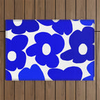 Large Blue Retro Flowers White Background Fresh Blue And White  #decor #society6 #buyart Outdoor Rug Gallery Image 1