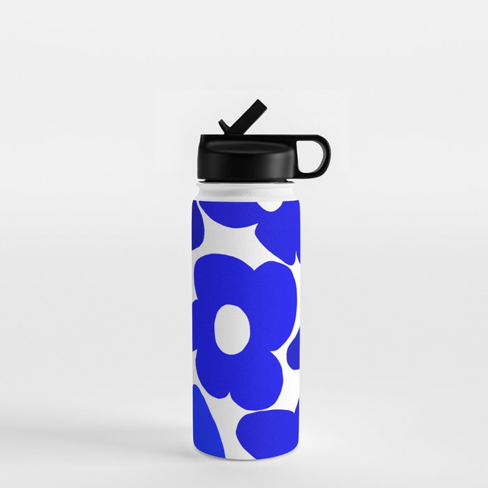 Large Blue Retro Flowers White Background Fresh Blue And White  #decor #society6 #buyart Water Bottle Gallery Image 1