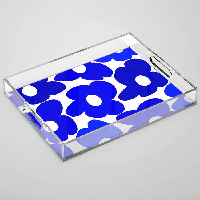 Large Blue Retro Flowers White Background Fresh Blue And White  #decor #society6 #buyart Acrylic Tray Gallery Image 1