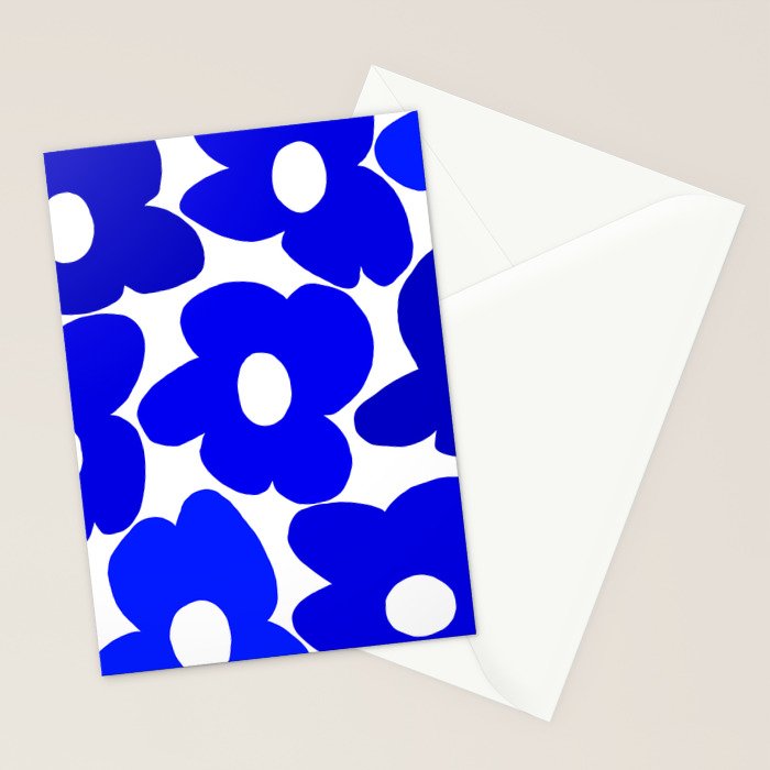 Large Blue Retro Flowers White Background Fresh Blue And White  #decor #society6 #buyart Stationery Card Gallery Image 2