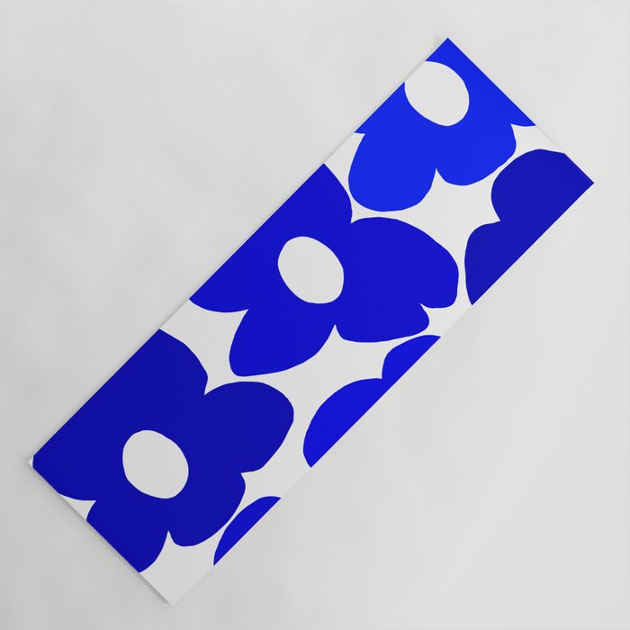 Large Blue Retro Flowers White Background Fresh Blue And White  #decor #society6 #buyart Yoga Mat Gallery Image 1