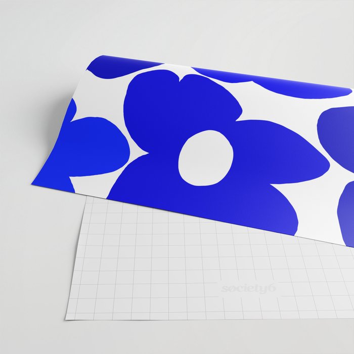 Large Blue Retro Flowers White Background Fresh Blue And White  #decor #society6 #buyart Wrapping Paper Gallery Image 2