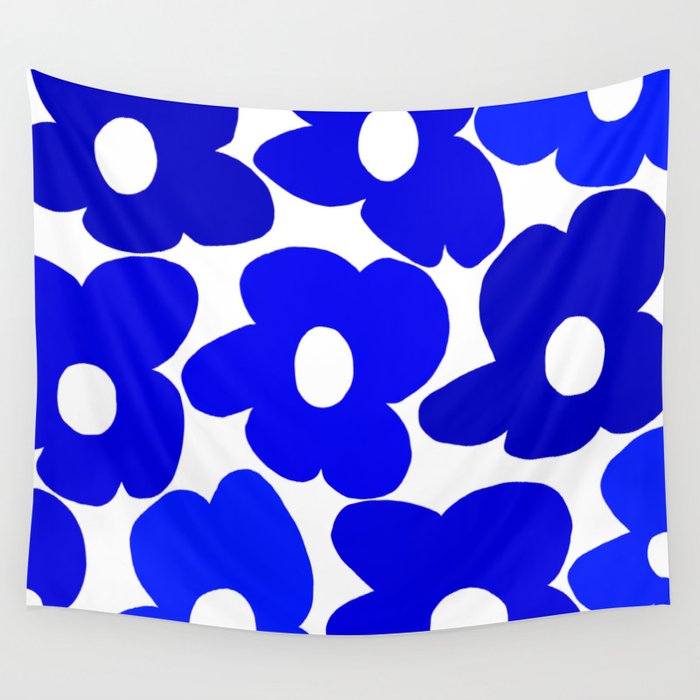Large Blue Retro Flowers White Background Fresh Blue And White  #decor #society6 #buyart Wall Tapestry Gallery Image 4