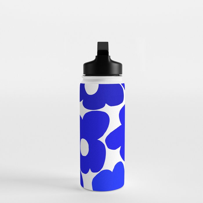 Large Blue Retro Flowers White Background Fresh Blue And White  #decor #society6 #buyart Water Bottle Gallery Image 3