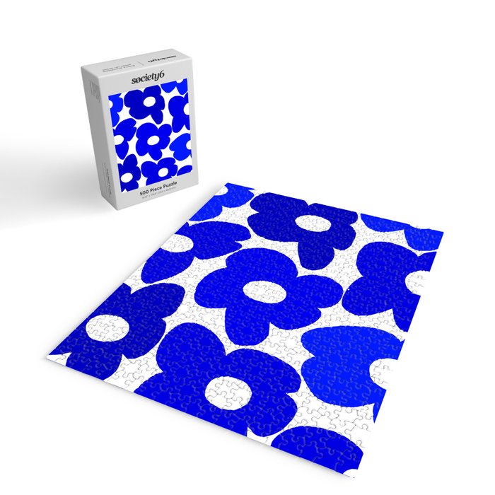 Large Blue Retro Flowers White Background Fresh Blue And White  #decor #society6 #buyart Jigsaw Puzzle Gallery Image 2
