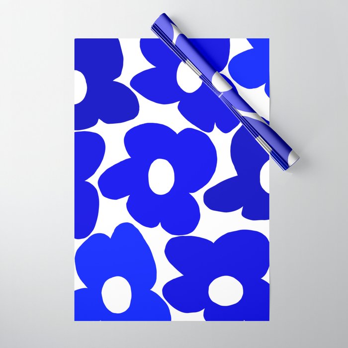 Large Blue Retro Flowers White Background Fresh Blue And White  #decor #society6 #buyart Wrapping Paper Gallery Image 1