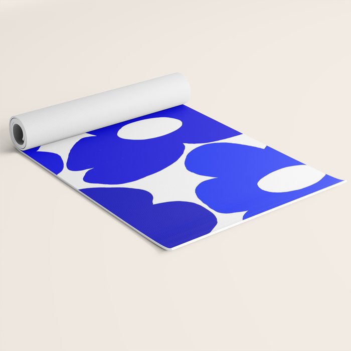 Large Blue Retro Flowers White Background Fresh Blue And White  #decor #society6 #buyart Yoga Mat Gallery Image 2