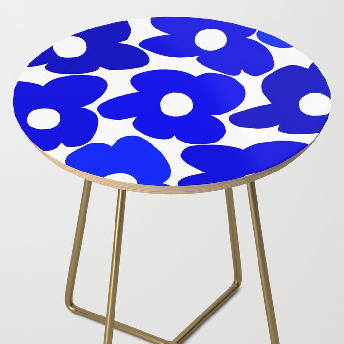 Large Blue Retro Flowers White Background Fresh Blue And White  #decor #society6 #buyart Side Table Gallery Image 2