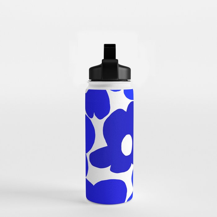 Large Blue Retro Flowers White Background Fresh Blue And White  #decor #society6 #buyart Water Bottle Gallery Image 2
