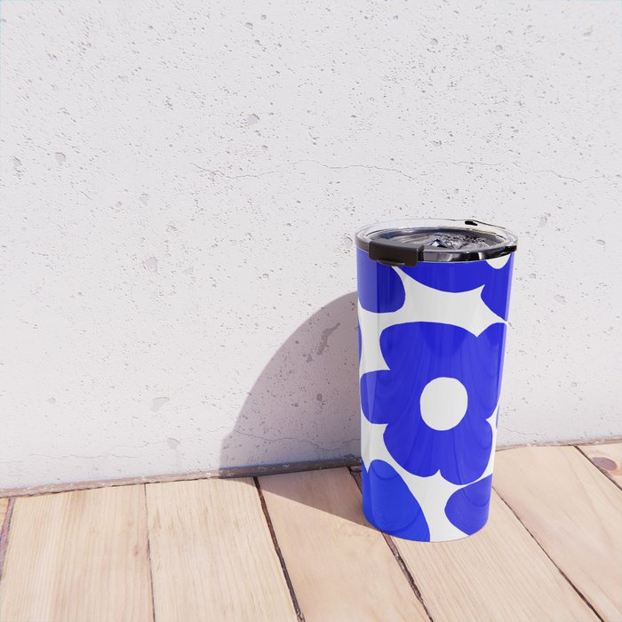 Large Blue Retro Flowers White Background Fresh Blue And White  #decor #society6 #buyart Travel Mug Gallery Image 4