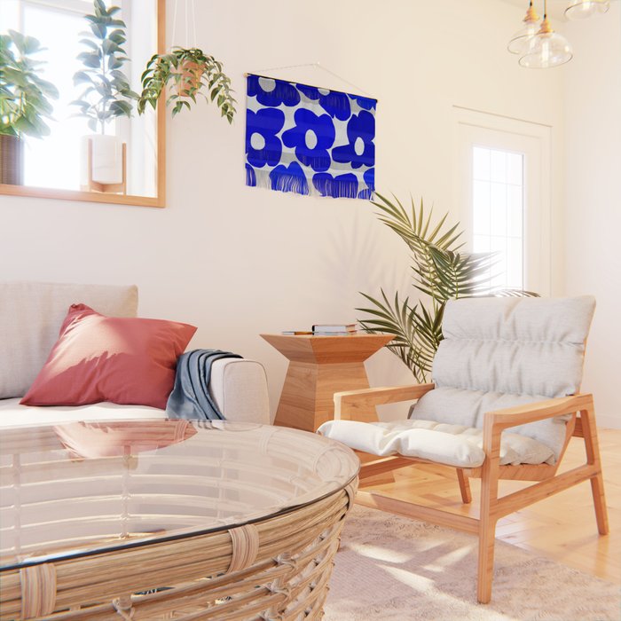 Large Blue Retro Flowers White Background Fresh Blue And White  #decor #society6 #buyart Wall Hanging Gallery Image 2