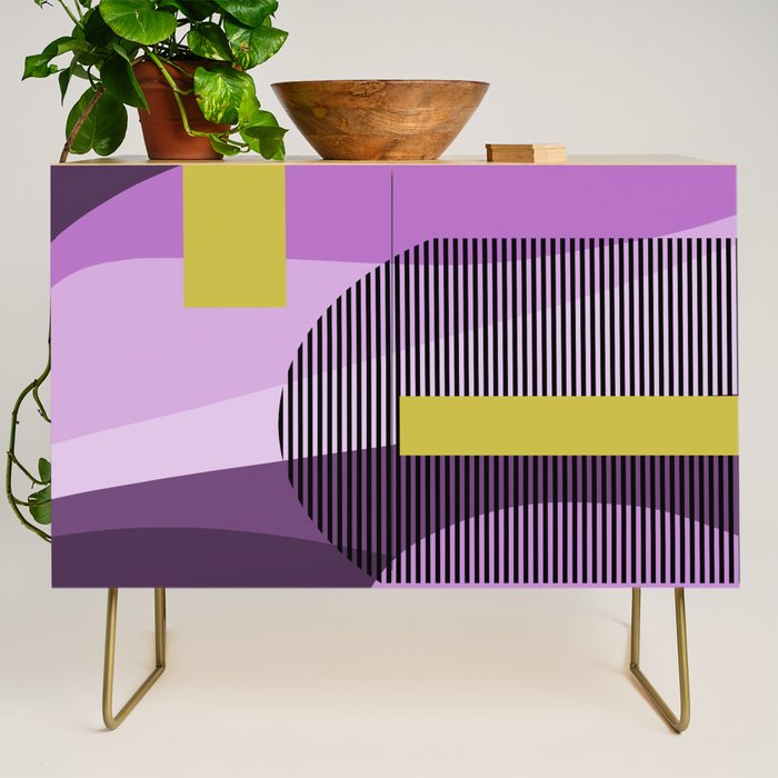  Retro Abstract And Geometric Shapes Purple, Mustard Yellow, Pink, Black Credenza Gallery Image 1
