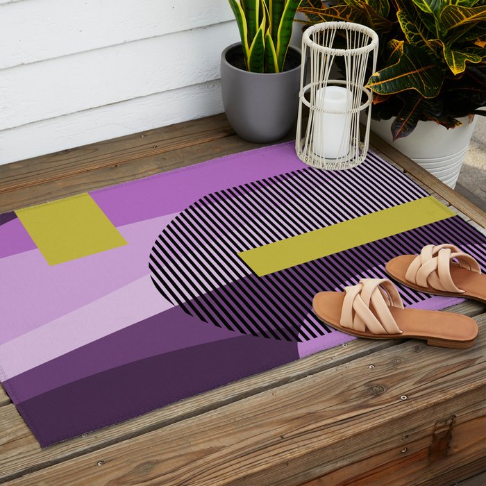 Retro Abstract And Geometric Shapes Purple, Mustard Yellow, Pink, Black Outdoor Rug Gallery Image 2