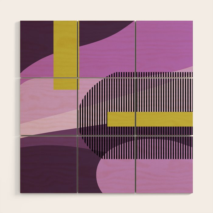  Retro Abstract And Geometric Shapes Purple, Mustard Yellow, Pink, Black Wood Wall Art Gallery Image 1