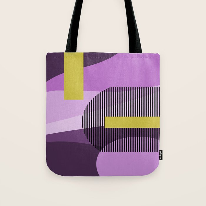  Retro Abstract And Geometric Shapes Purple, Mustard Yellow, Pink, Black Tote Bag Gallery Image 1