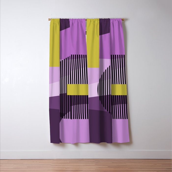  Retro Abstract And Geometric Shapes Purple, Mustard Yellow, Pink, Black Window Curtain Gallery Image 3
