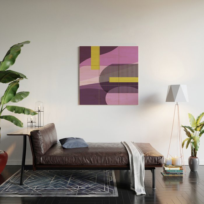 Retro Abstract And Geometric Shapes Purple, Mustard Yellow, Pink, Black Wood Wall Art Gallery Image 2