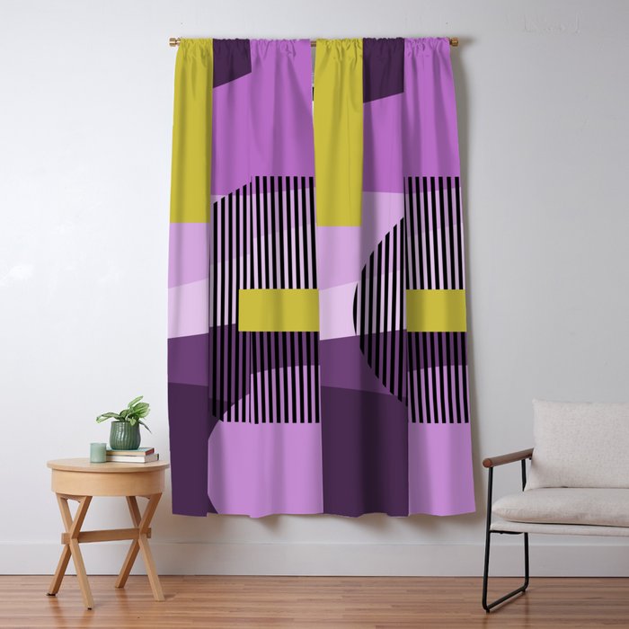  Retro Abstract And Geometric Shapes Purple, Mustard Yellow, Pink, Black Window Curtain Gallery Image 5