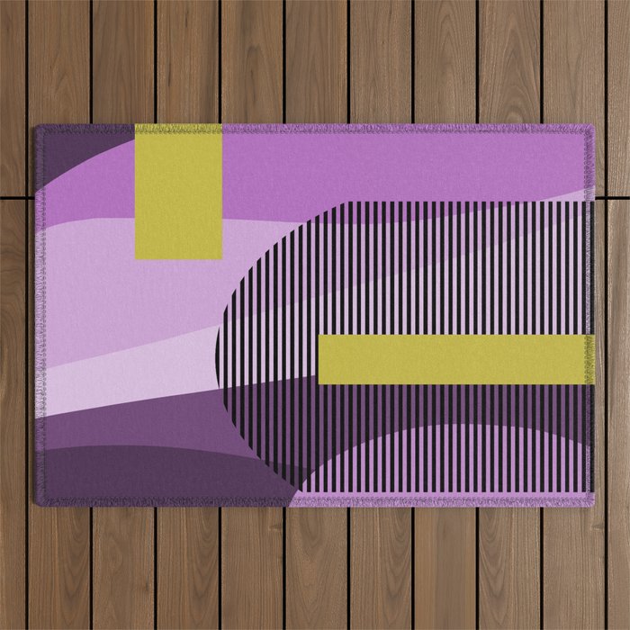  Retro Abstract And Geometric Shapes Purple, Mustard Yellow, Pink, Black Outdoor Rug Gallery Image 1