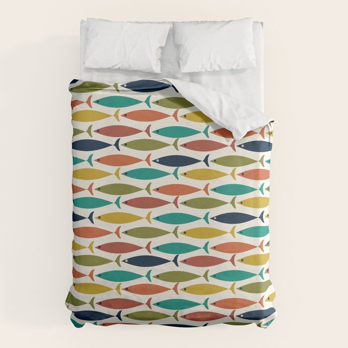 Midcentury Modern Fish Pattern in Mid Mod Teal, Olive, Mustard, Orange on Nearly White Duvet Cover Gallery Image 6