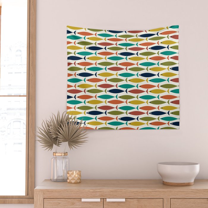 Midcentury Modern Fish Pattern in Mid Mod Teal, Olive, Mustard, Orange on Nearly White Wall Tapestry Gallery Image 2