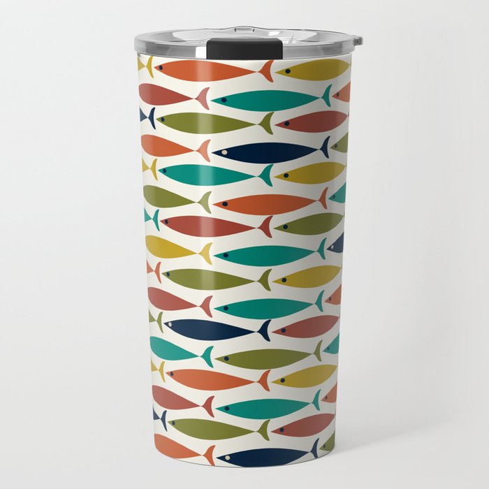 Midcentury Modern Fish Pattern in Mid Mod Teal, Olive, Mustard, Orange on Nearly White Travel Mug Gallery Image 1