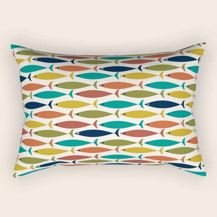 Midcentury Modern Fish Pattern in Mid Mod Teal, Olive, Mustard, Orange on Nearly White Rectangular Pillow Gallery Image 1