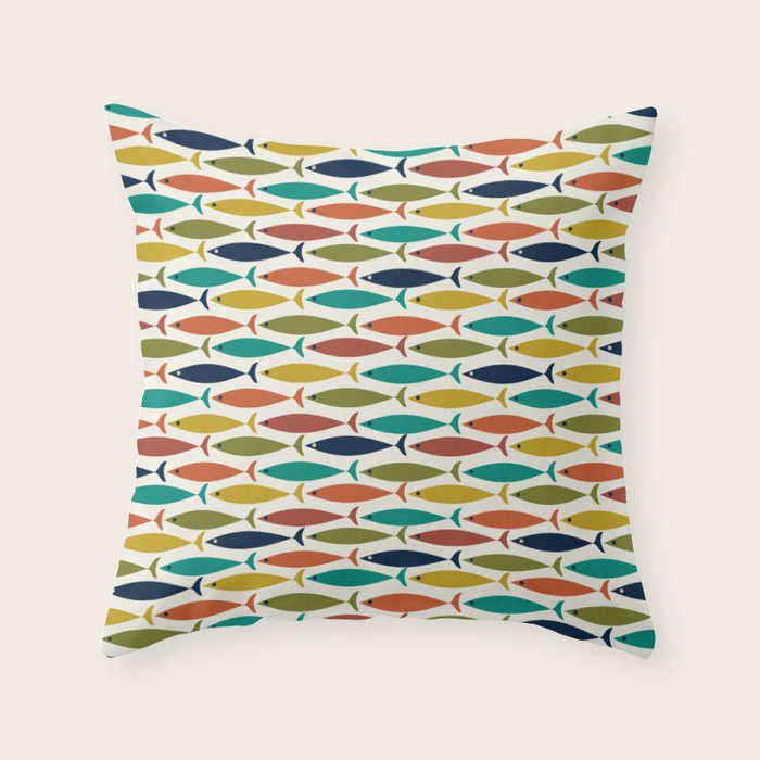 Midcentury Modern Fish Pattern in Mid Mod Teal, Olive, Mustard, Orange on Nearly White Throw Pillow Gallery Image 6