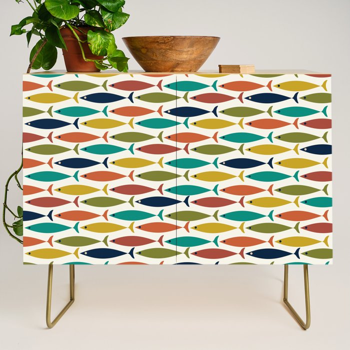 Midcentury Modern Fish Pattern in Mid Mod Teal, Olive, Mustard, Orange on Nearly White Credenza Gallery Image 1