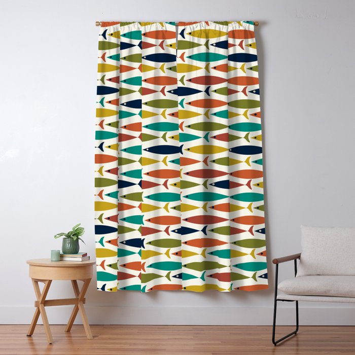 Midcentury Modern Fish Pattern in Mid Mod Teal, Olive, Mustard, Orange on Nearly White Window Curtain Gallery Image 5
