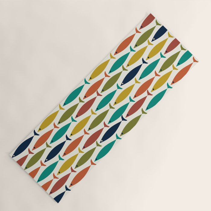 Midcentury Modern Fish Pattern in Mid Mod Teal, Olive, Mustard, Orange on Nearly White Yoga Mat Gallery Image 1
