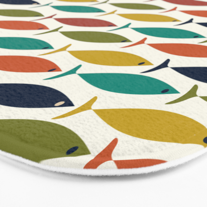 Midcentury Modern Fish Pattern in Mid Mod Teal, Olive, Mustard, Orange on Nearly White Bath Mat Gallery Image 3