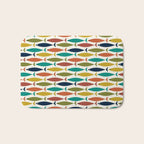 Midcentury Modern Fish Pattern in Mid Mod Teal, Olive, Mustard, Orange on Nearly White Bath Mat Gallery Image 1