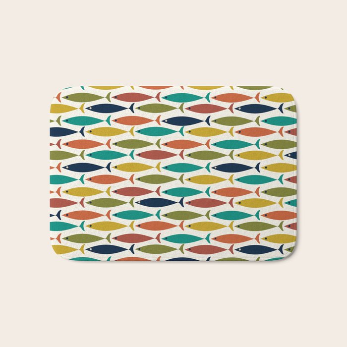 Midcentury Modern Fish Pattern in Mid Mod Teal, Olive, Mustard, Orange on Nearly White Bath Mat Gallery Image 1