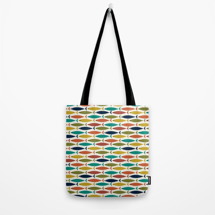 Midcentury Modern Fish Pattern in Mid Mod Teal, Olive, Mustard, Orange on Nearly White Tote Bag Gallery Image 2