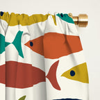 Midcentury Modern Fish Pattern in Mid Mod Teal, Olive, Mustard, Orange on Nearly White Window Curtain Gallery Image 2