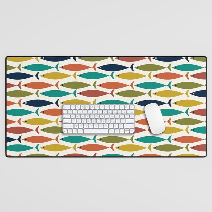 Midcentury Modern Fish Pattern in Mid Mod Teal, Olive, Mustard, Orange on Nearly White Desk Mat Gallery Image 1
