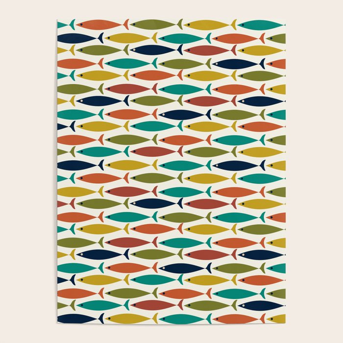 Midcentury Modern Fish Pattern in Mid Mod Teal, Olive, Mustard, Orange on Nearly White Poster Gallery Image 4